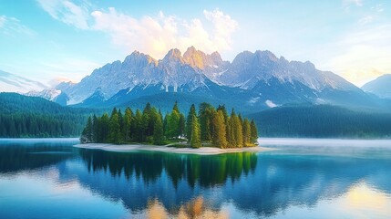 Serene Mountain Lake with Fog