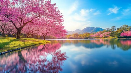 A picturesque scene of a serene lake surrounded by vibrant pink cherry blossom trees, reflecting a stunning blue sky with fluffy clouds.