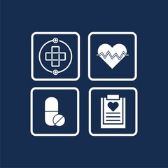  Emergency help concept, , pills, , cardio sign. Medic icon set  isolated on blue background.