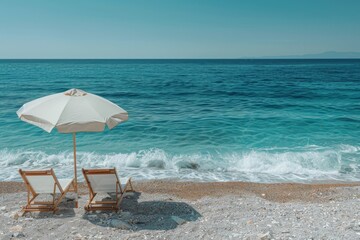 Serene beach with white sun loungers, umbrella, and calm ocean waves for vacation banner.