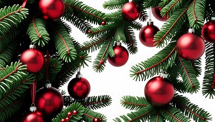 Fototapeta premium fir tree branches red green decorations white background