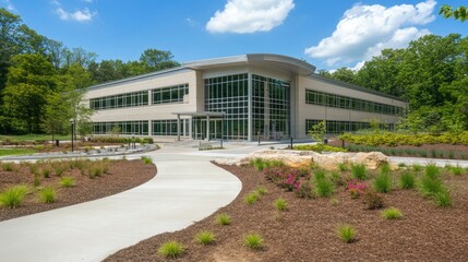 Obraz premium Contemporary hospital exterior with a combination of glass walls and smooth concrete, symbolizing innovation and medical advancement.