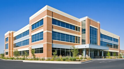 Obraz premium Contemporary hospital exterior with sleek architecture and a spacious entrance, symbolizing cutting-edge medical services.