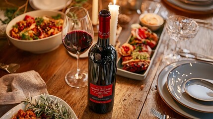 A bottle of red wine and a glass of wine are on a wooden table set for a dinner party with plates, food, and candles.