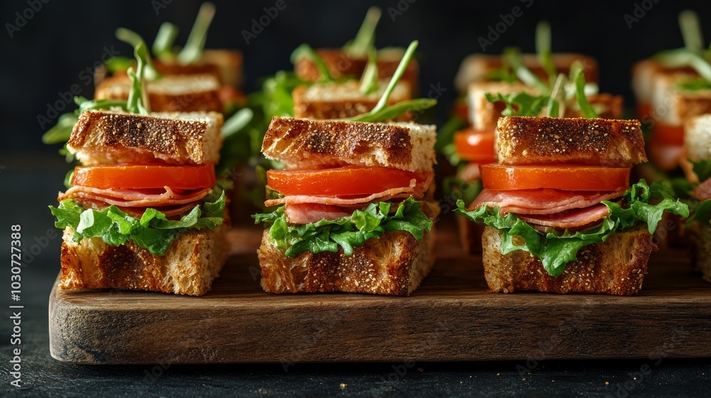 Wall mural a row of mini sandwiches with ham, tomato, lettuce, and arugula on a wooden cutting board.