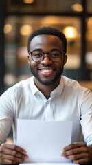 Confident professional with a warm smile holds a blank document, ready to present ideas in a modern office setting with soft, welcoming lighting.