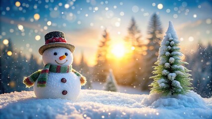 Obraz premium Frosty winter landscape with snowman and blurred Christmas lights