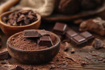 Dark chocolate pieces resting on cocoa powder in rustic bowl