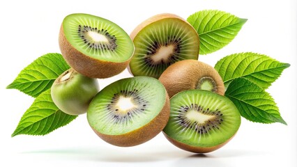 Fototapeta premium Fresh ripe whole and cut kiwi with leaves flying in air