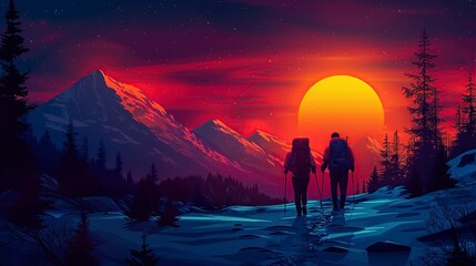 Fototapeta premium A pair of friends hiking at dusk, capturing the essence of teamwork, motivation, and exploration. Majestic scenery and the freedom of nature inspire confidence, growth, and passion. High resolution