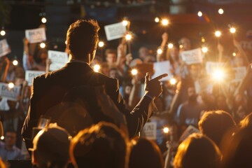 Politician speaks to supporters at rally with sparkling lights