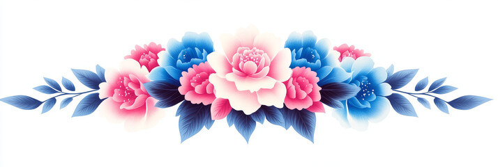 A delicate floral arrangement of pink and blue flowers.