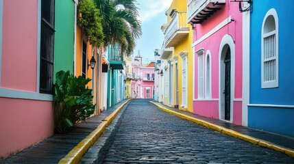 Fototapeta premium Colorful houses lining the streets of Old San Juan, Puerto Rico, with space for cop