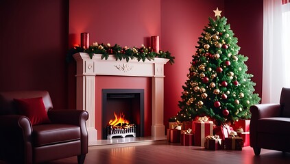 red toned room features new year tree decorations artificial fireplace