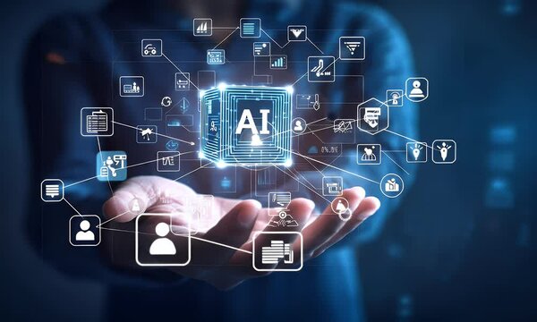 Digital hand holding a tablet with glowing text AI on a dark background, a digital technology concept for artificial intelligence and machine learning in the business industry.