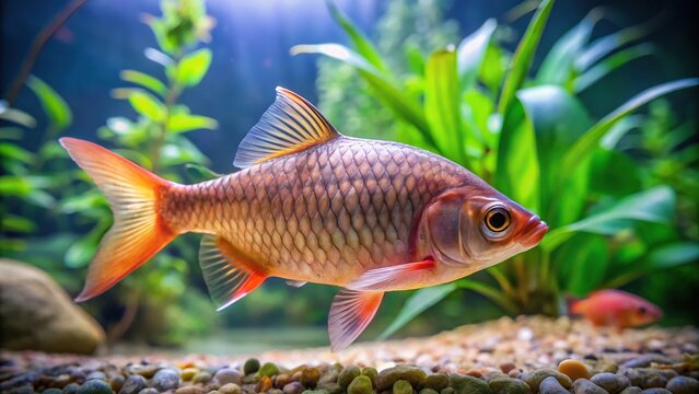 Freshwater fish in aquarium Puntius conchonius swim gracefully in fisheye view