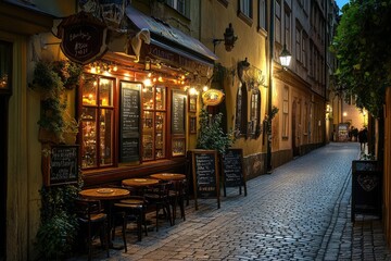 Naklejka premium Cobblestone street leading to cozy restaurant at dusk in prague