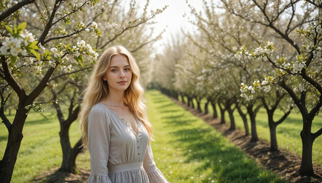 A young Caucasian woman with long blonde hair wearing a light gray dress standing in an orchard with blooming trees in the background