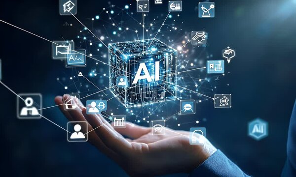 Digital hand holding a tablet with glowing text AI on a dark background, a digital technology concept for artificial intelligence and machine learning in the business industry.