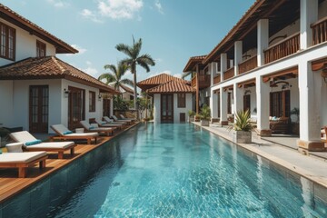 Fototapeta premium Wide-angle shot of a luxury Sri Lankan hotel with white villas, wooden sunbeds, swimming pool, and coconut trees under blue sky.