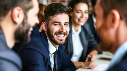 Obraz premium Smiling Man in Suit Looking at Camera During Meeting