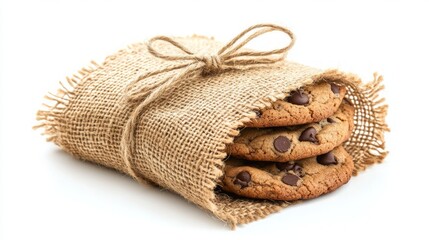 A stack of three chocolate chip cookies wrapped in burlap fabric tied with twine on a white background.