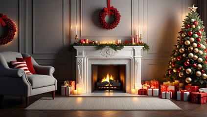 warm fireplace surrounded festive christmas decorations adds cozy ambiance room