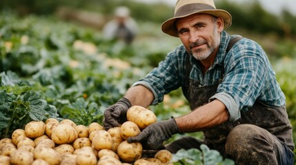 Farmer Harvesting Potatoes in Field