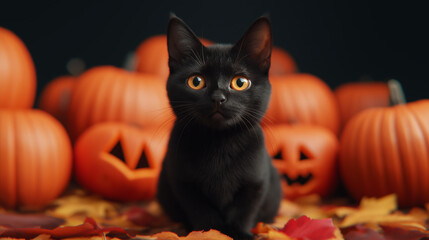 A black cat with golden eyes sits among carved pumpkins and autumn leaves, perfectly capturing the essence of Halloween