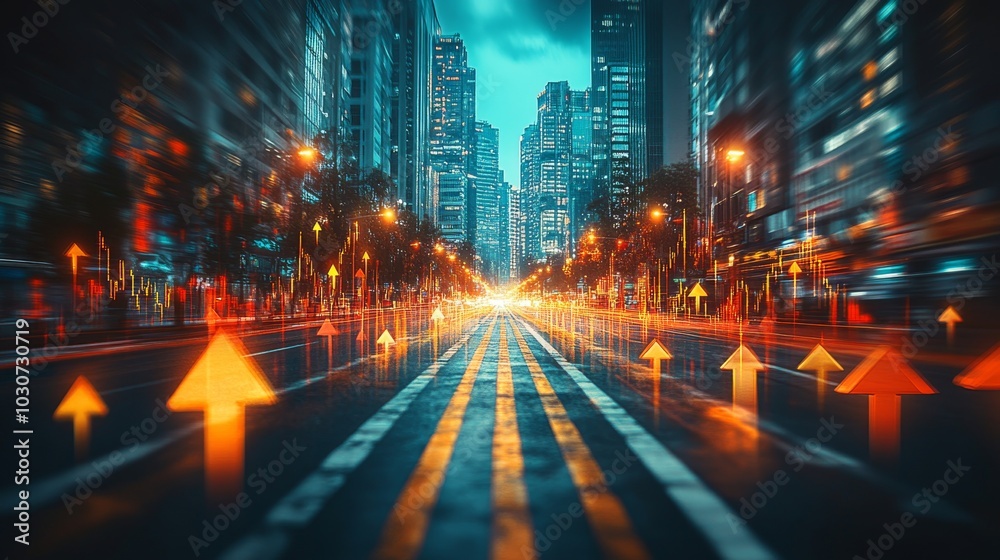 Fototapete a dynamic featuring arrows pointing upwards and graphs illustrating stock market trends