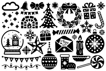 Naklejka premium Christmas illustrations, New Year design elements. Black flat illustrations set, Christmas eve decorations stylized abstract designs.