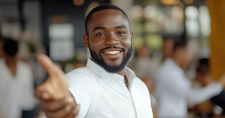 Fototapeta premium Smiling man in white shirt reaching hand forward