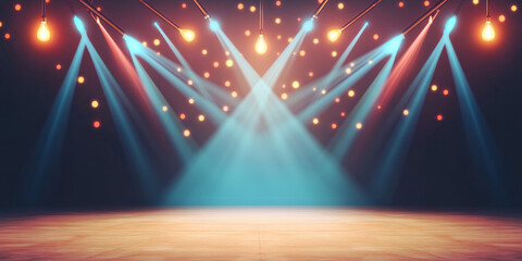Stage lights illuminate a wooden floor with a vibrant blue and red glow.