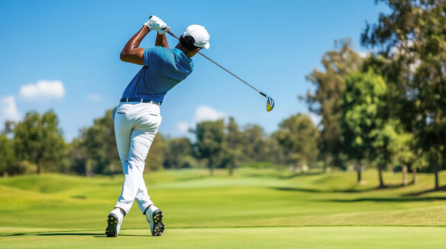 Dynamic golfer mid-swing under clear blue sky
