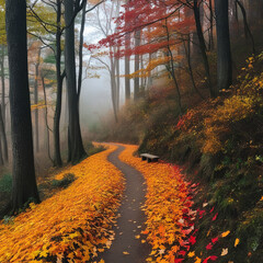A narrow path winding through a dense forest during autumn. Golden, orange, and red leaves blanket the ground while trees stretch overhead