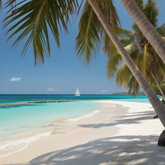 A secluded tropical beach with soft white sand and turquoise waters, framed by leaning coconut palms.