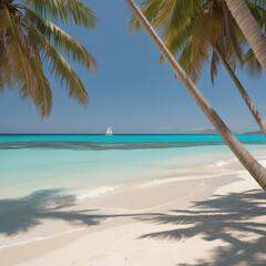 A secluded tropical beach with soft white sand and turquoise waters, framed by leaning coconut palms.