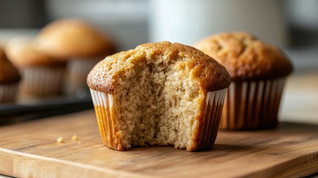 Freshly Baked Muffin with Split Top on Wooden Board
