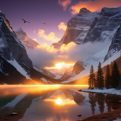 A breathtaking view of towering snow-capped mountains at sunrise, with golden sunlight illuminating misty clouds