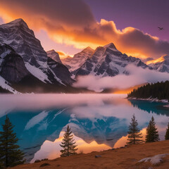 A breathtaking view of towering snow-capped mountains at sunrise, with golden sunlight illuminating misty clouds