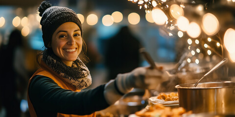 Young person serving hot food for homeless in community charity donation center on Christmas. Volunteer at a soup kitchen, serving food with a warm and compassionate smile.