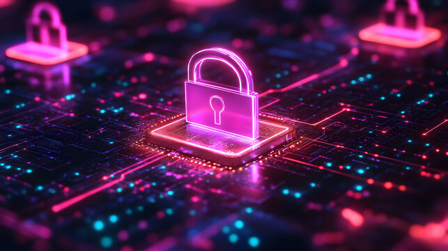 Digital lock symbolizing cybersecurity on a vibrant circuit board.