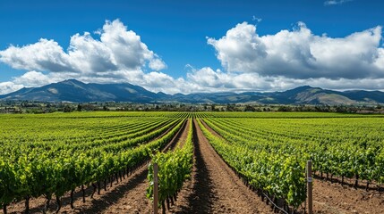 Fototapeta premium Lush vineyards in Chile wine country with open space for copy in the sky