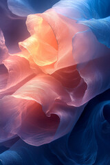 Ethereal fabric layers blend soft hues of pink and blue, creating a dreamy, abstract composition that captures light and movement beautifully.