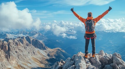 A person triumphantly stands on a mountain peak, arms raised.