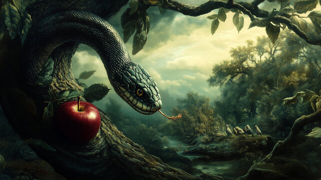 W malowniczym Ogrodzie Edenu, otoczonym nieskończoną naturą, wąż z misternie ułożoną, zieloną sk&oacute;rą, kusi Ewę soczystym jabłkiem.