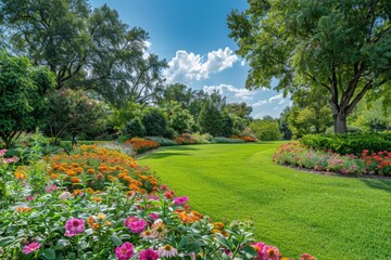 Elegant garden with a colorful flower bed, green grass, and trees against a blue sky, featuring space for copy or text.