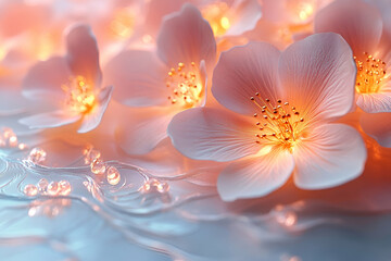 Obraz premium Delicate pink flowers softly illuminated, creating an ethereal atmosphere, intertwined with gentle lighting, perfect for a serene and calming scene.