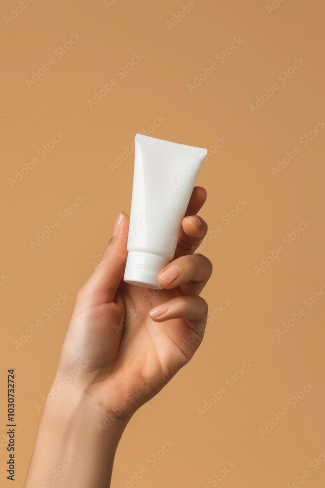 Poster Hand cream cosmetics holding toothpaste.