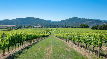 Fototapeta premium Lush vineyards of Napa Valley with a clear sky and space for text or design